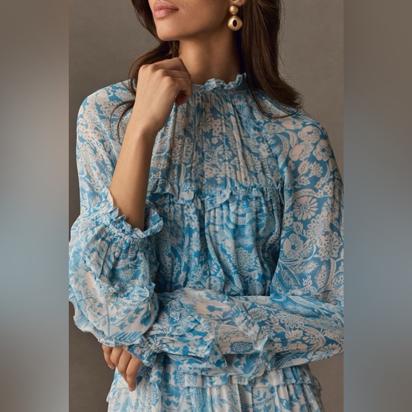 Anthropologie Light Blue & White Sheer Floral Ruffle Mini Dress - Picture 3 of 9